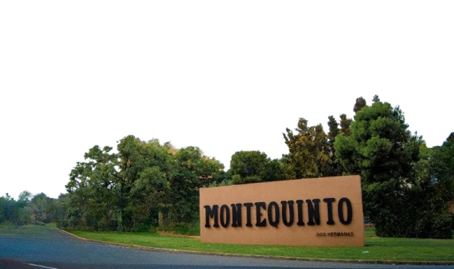 Monolito de bienvenida a la entrada de Montequinto, con la rotonda y los árboles
